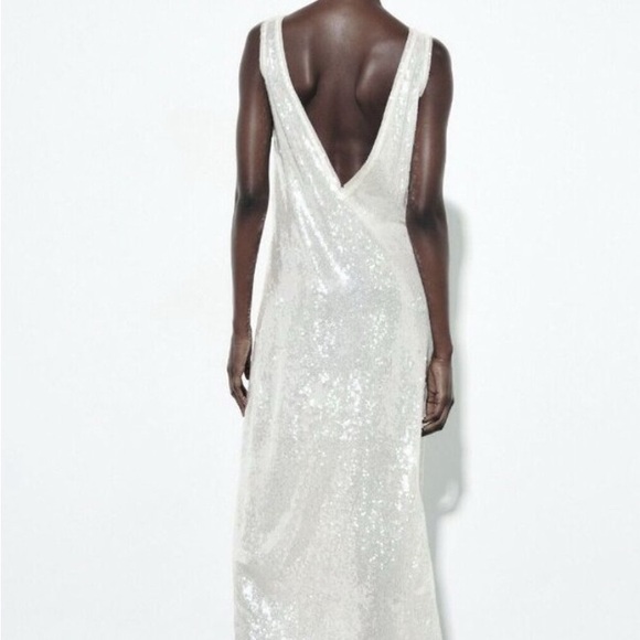 Zara sequin deep v white ankle length dress - Picture 4 of 4